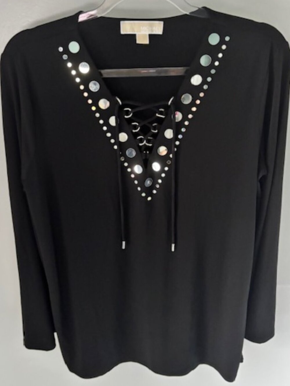 Michael Kors L Black Metal Studded Lace Up Long Sleeve Tunic Blouse V Neck Glam